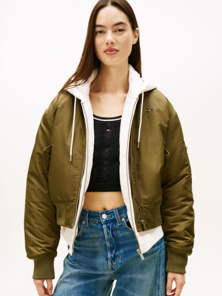 Green Sleeve Pocket Twill Bomber Jacket  Women