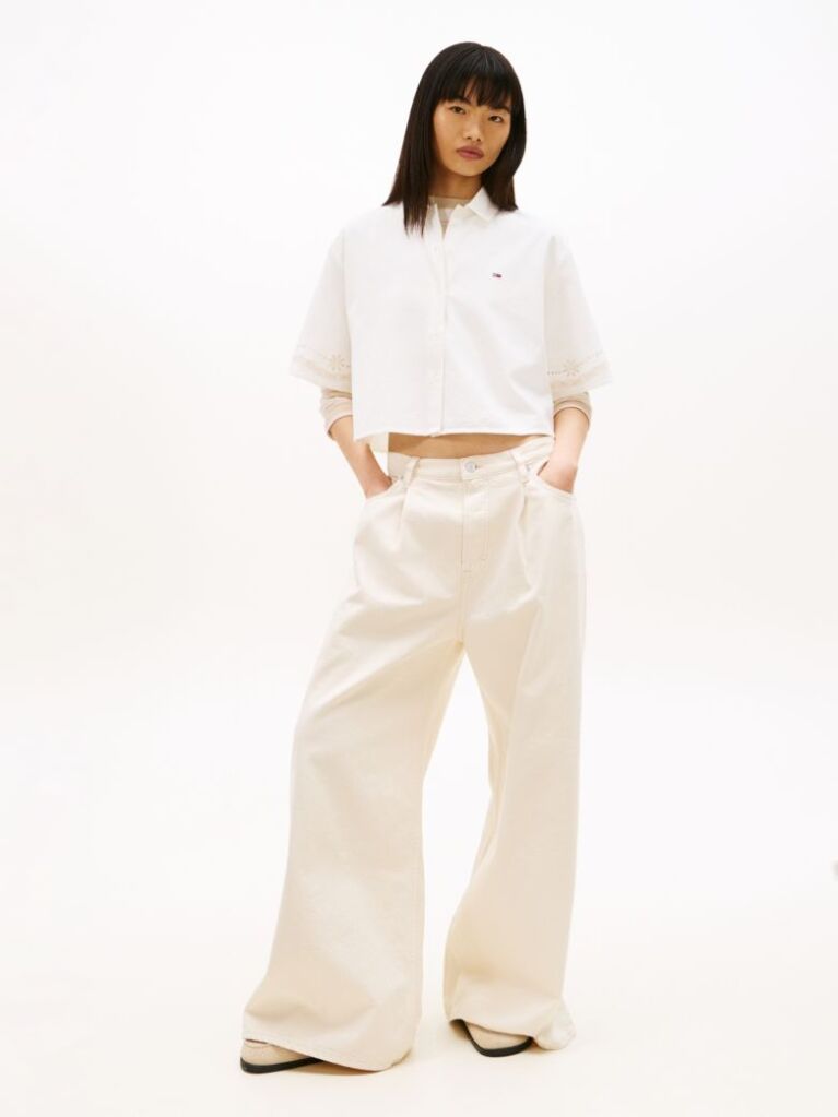 Beige Relaxed Fit Broderie Anglaise Back Logo Shirt  Women