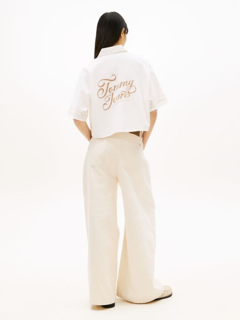 Beige Relaxed Fit Broderie Anglaise Back Logo Shirt  Women