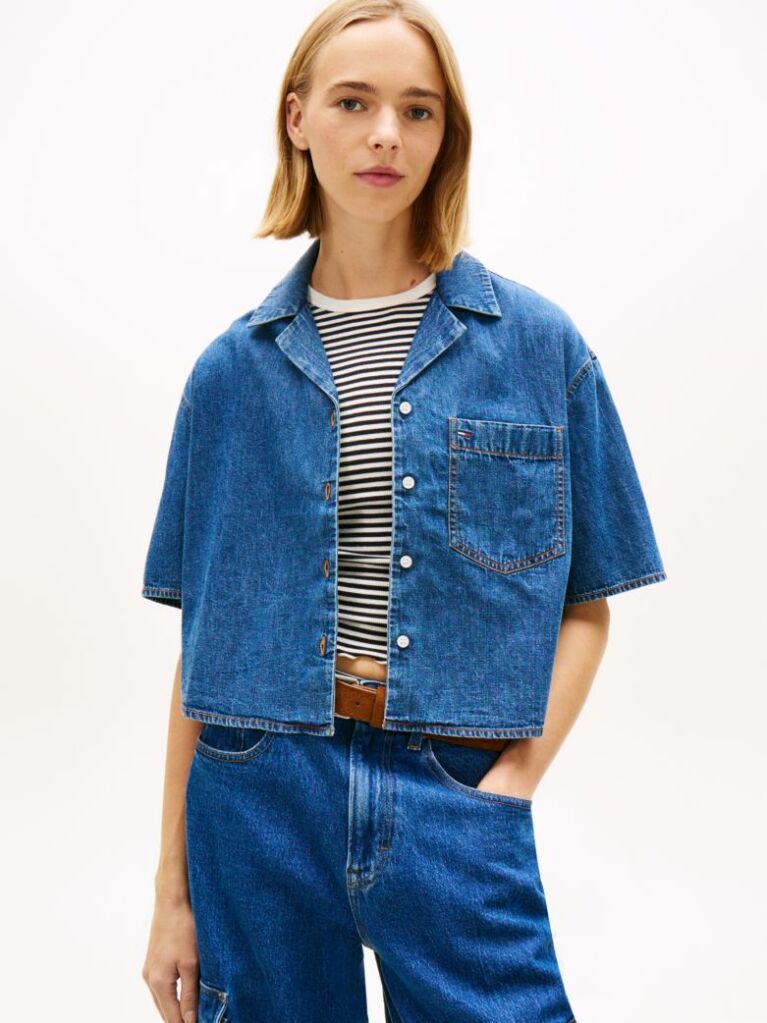 Denim Relaxed Fit Chambray Cropped Shirt  Women
