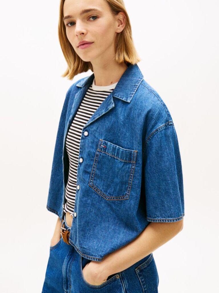 Denim Relaxed Fit Chambray Cropped Shirt  Women