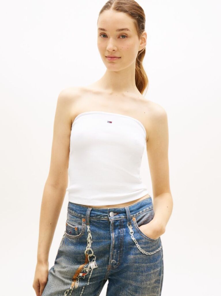 White Ribbed Slim Bandeau Top  Women