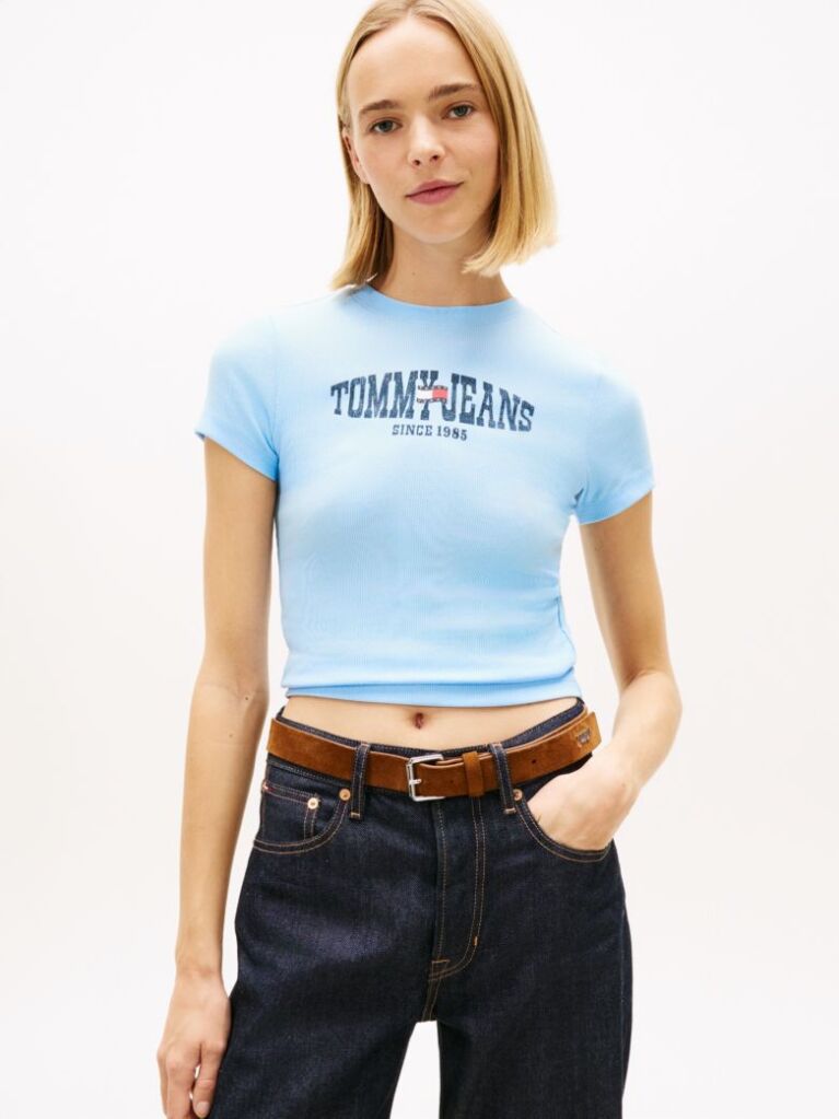 Blue Wavy Flag Ribbed Slim T-Shirt  Women