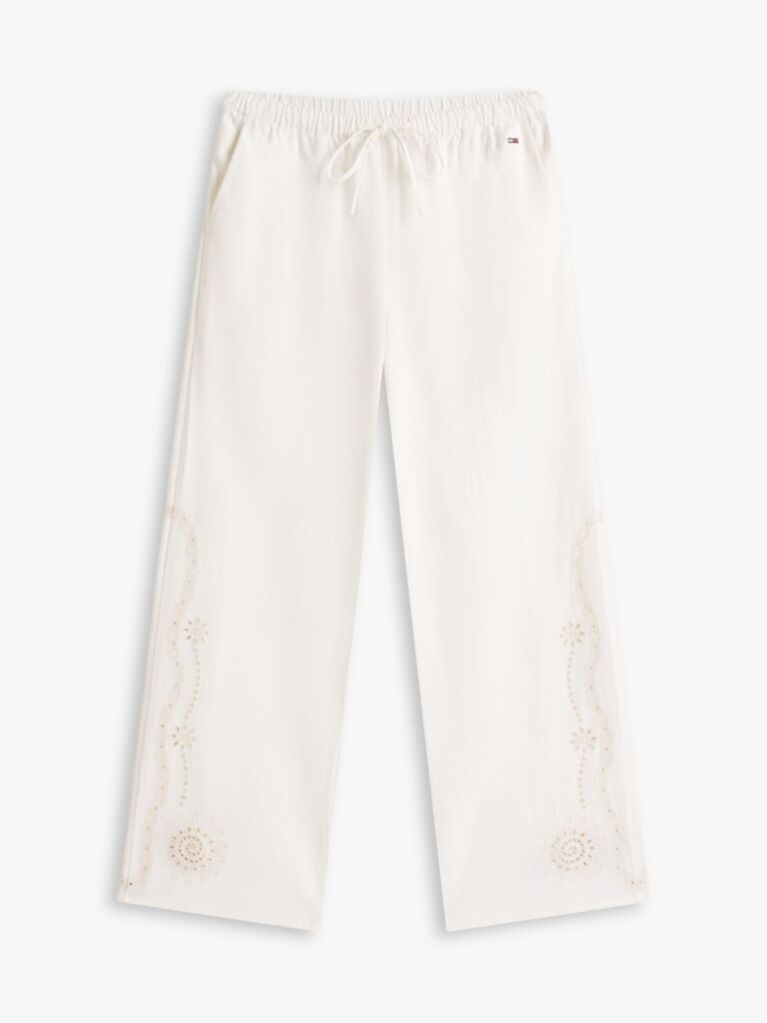 Beige Broderie Anglaise Drawstring Trousers With Linen  Women