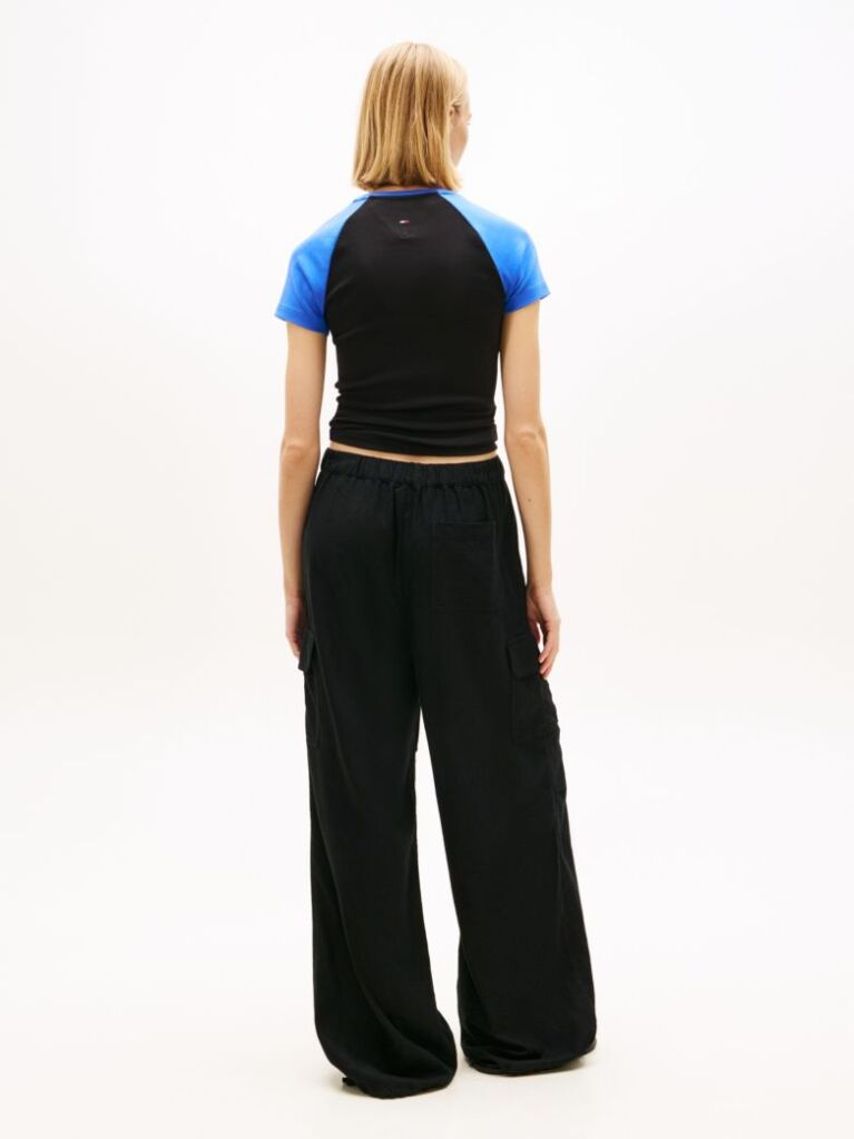 Black Linen Blend Wide Leg Cargo Trousers  Women