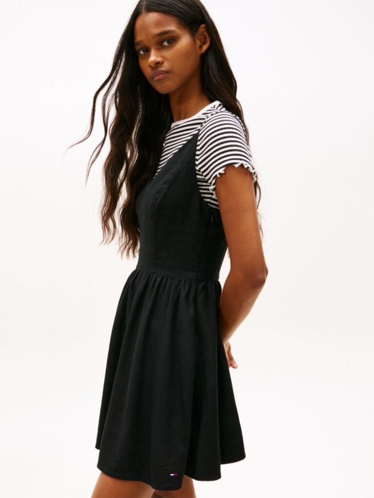 Black Extra Slim Linen Blend Mini Skater Dress  Women