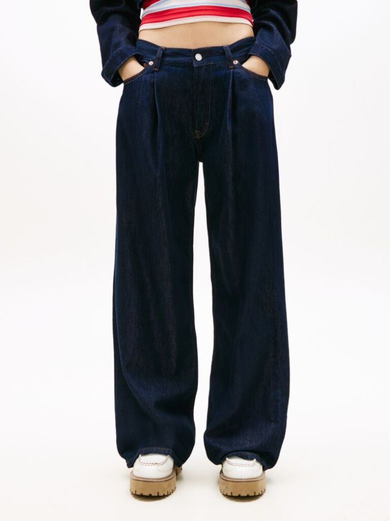 Denim Pleated Mid Rise Loose Straight Leg Jeans  Women