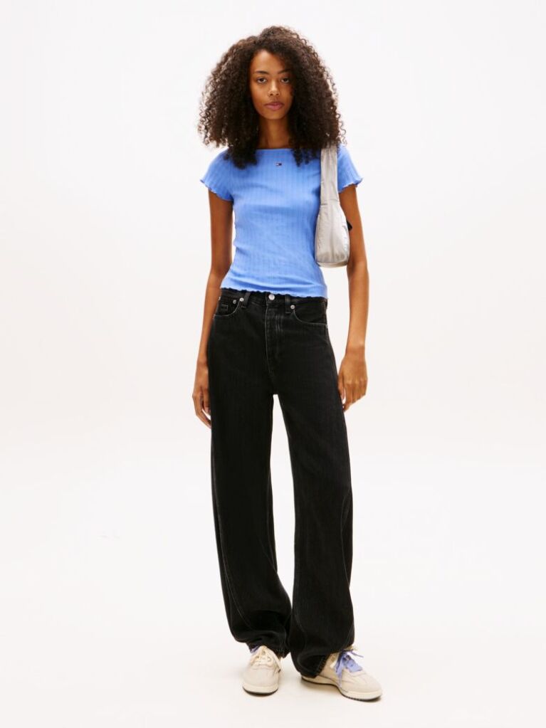 Blue Ruffle Ribbed Slim Boat Neck Top  Women