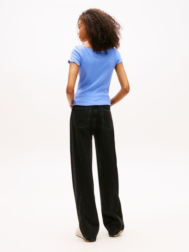 Blue Ruffle Ribbed Slim Boat Neck Top  Women