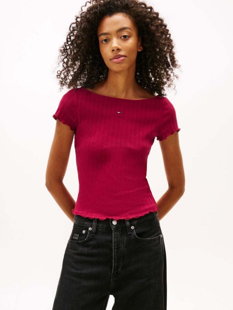 Pink Ruffle Ribbed Slim Boat Neck Top  Women