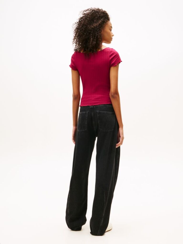 Pink Ruffle Ribbed Slim Boat Neck Top  Women