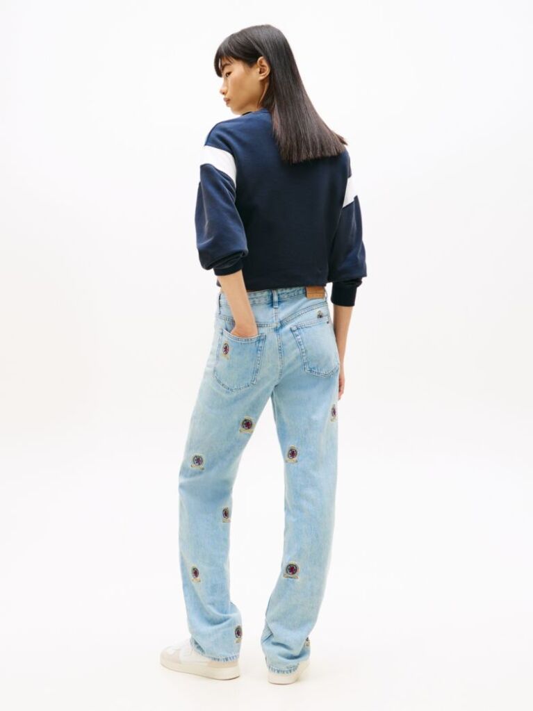 Denim Embroidery Mid Rise Slim Straight Leg Jeans  Women