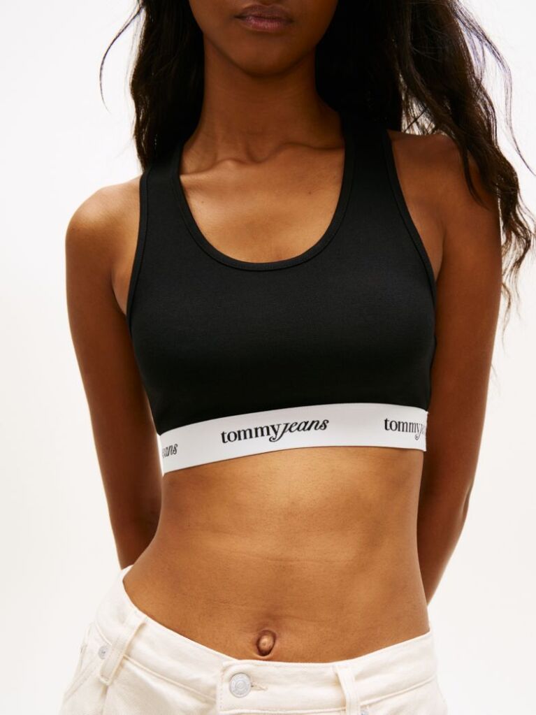 Black Repeat Logo Tape Racerback Bra Top  Women
