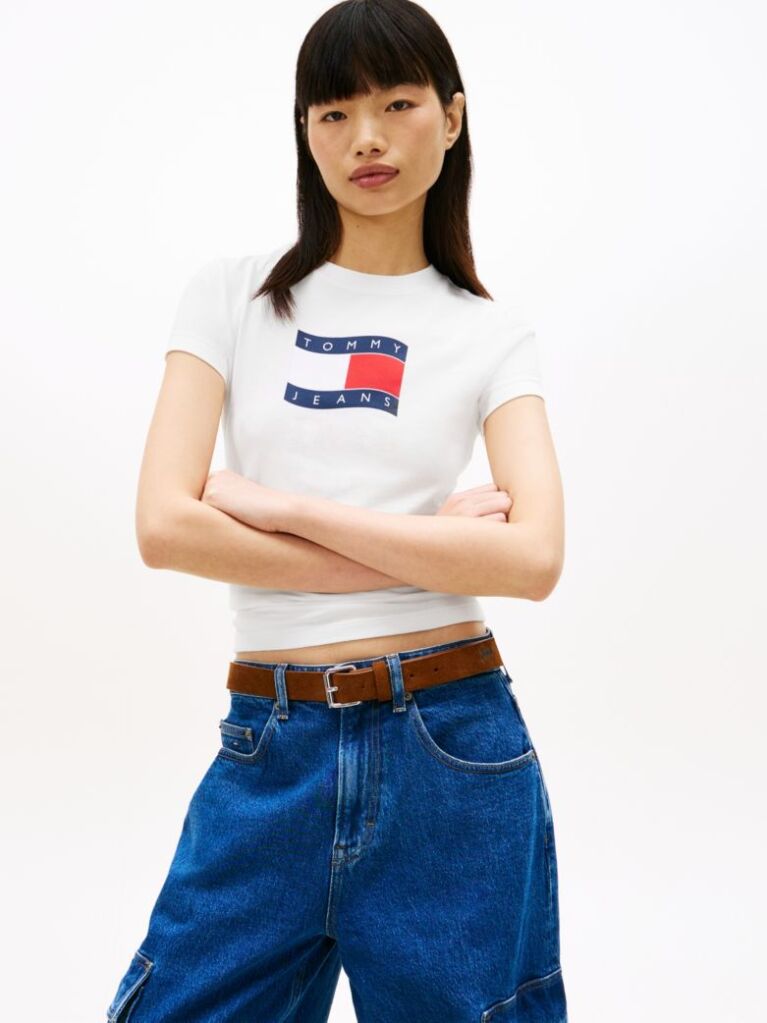 Άσπρο Slim T-Shirt Με Wavy Σημαιάκι  Γυναίκες