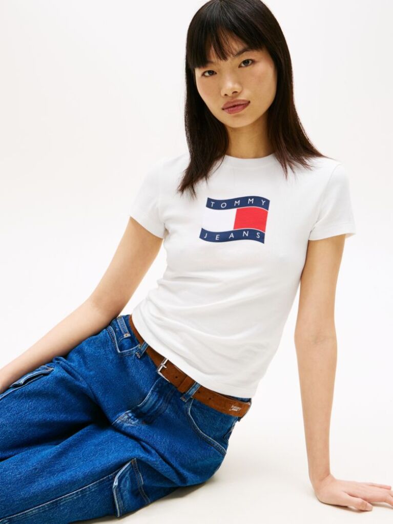 Άσπρο Slim T-Shirt Με Wavy Σημαιάκι  Γυναίκες