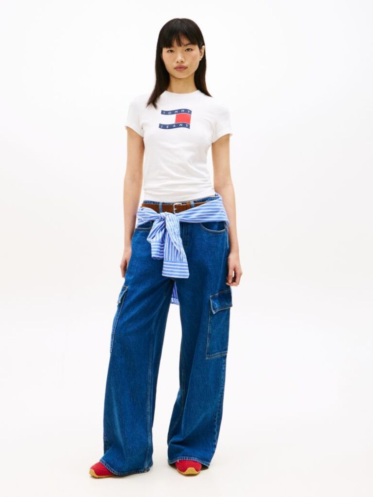 Άσπρο Slim T-Shirt Με Wavy Σημαιάκι  Γυναίκες