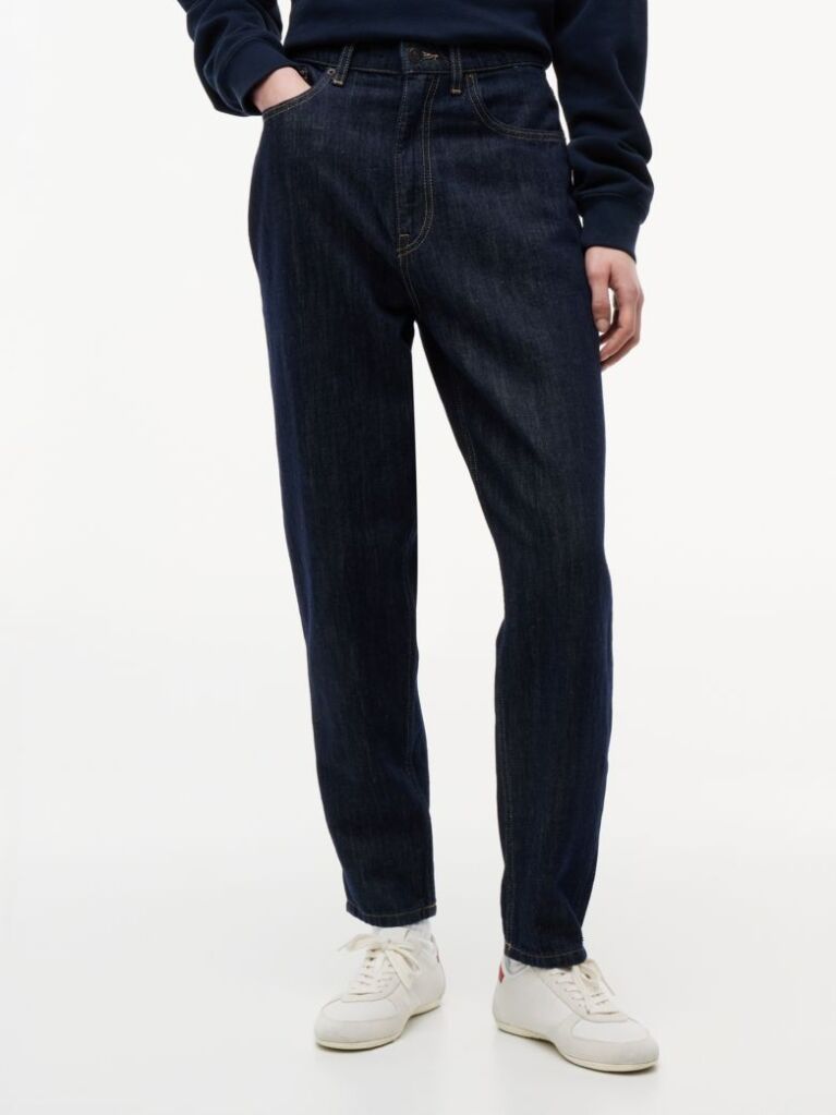 Denim Ultra High Rise Tapered Mom Jeans With Linen  Women