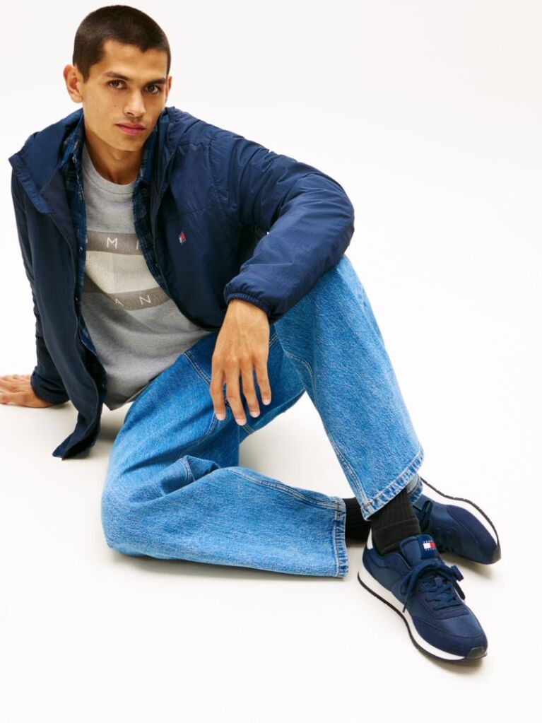 Blue Mixed Texture Contrast Heel Trainers  Men