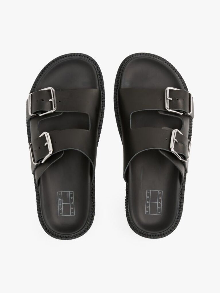 Black Leather Double Strap Cleat Sandals  Women