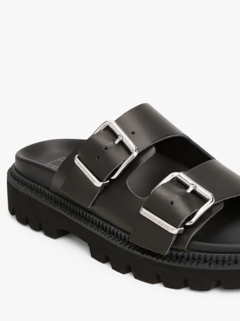 Black Leather Double Strap Cleat Sandals  Women