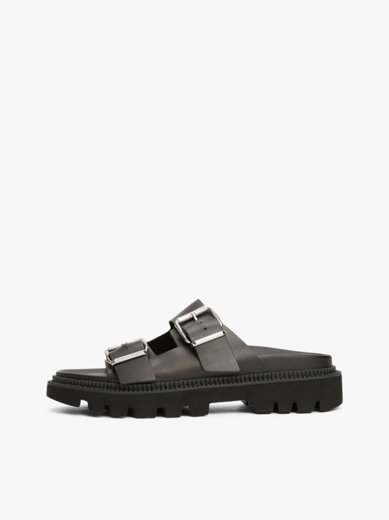 Black Leather Double Strap Cleat Sandals  Women