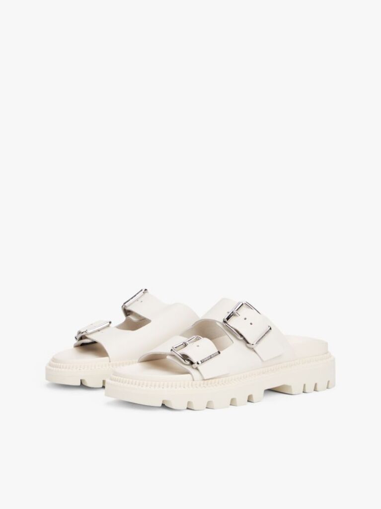 White Leather Double Strap Cleat Sandals  Women
