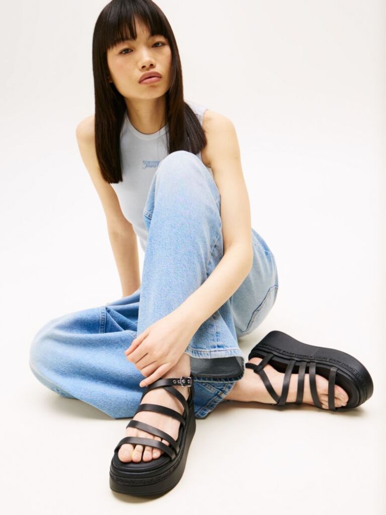 Black Leather Strappy Platform Sandals  Women
