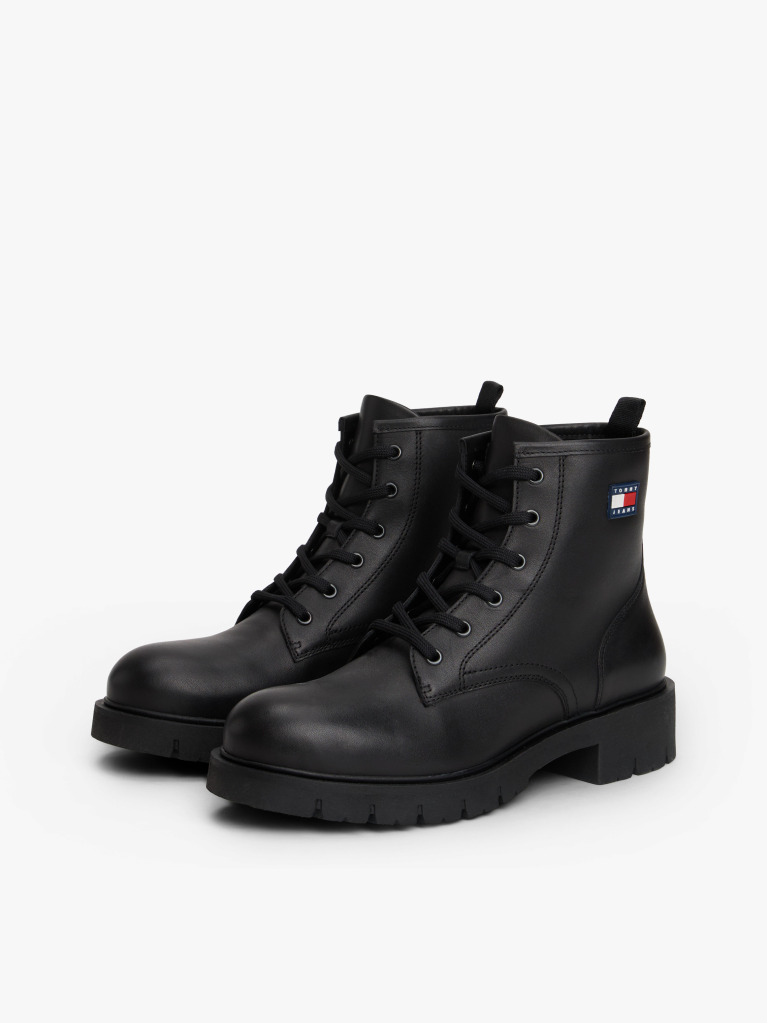 Black Leather Cleat Lace-Up Ankle Boots  Women
