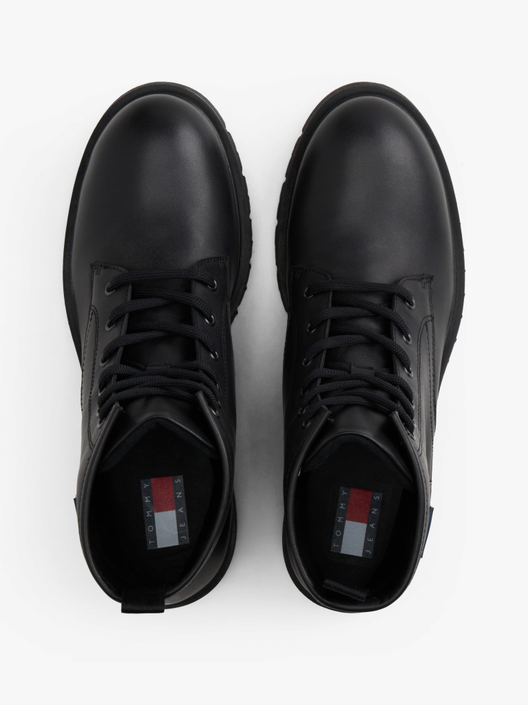 Black Leather Cleat Lace-Up Ankle Boots  Women
