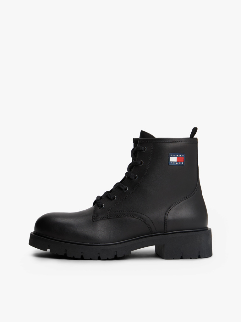 Black Leather Cleat Lace-Up Ankle Boots  Women