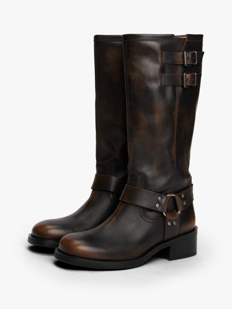 Brown Leather Knee High Biker Boots  Women