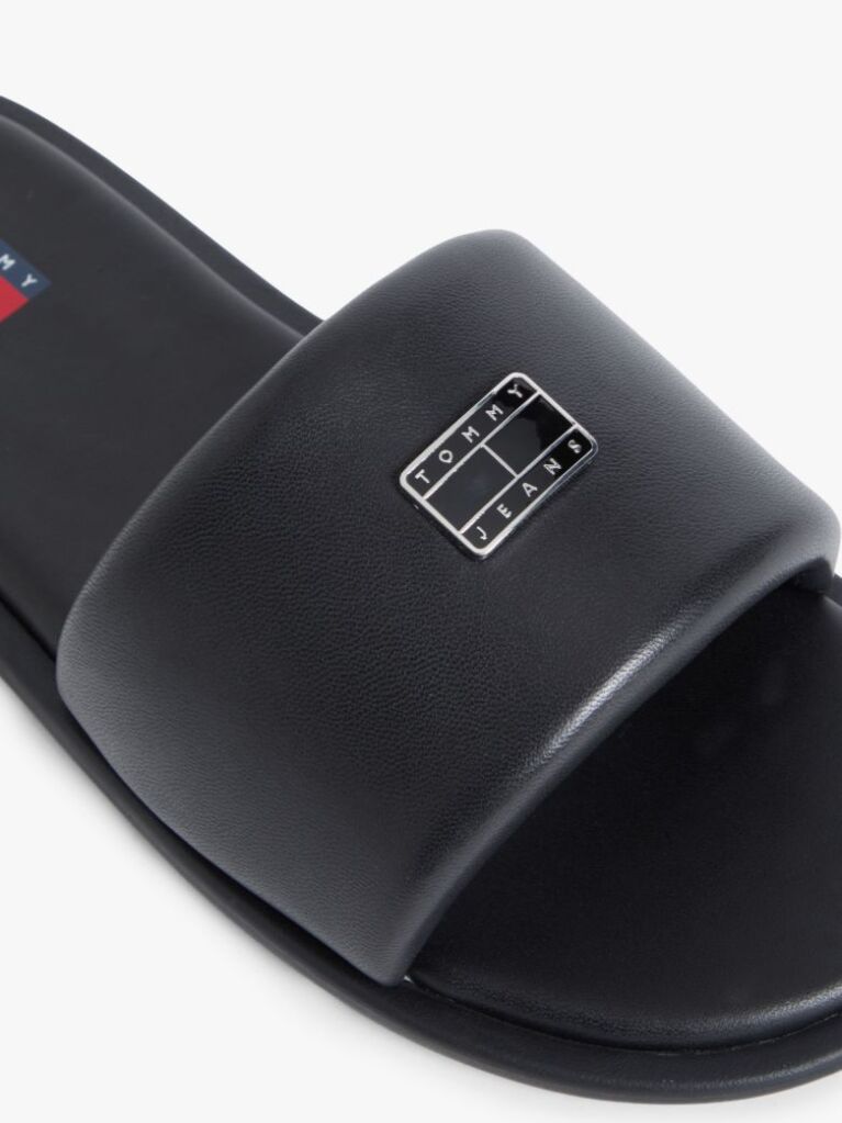 Black Leather Padded Strap Slides  Women