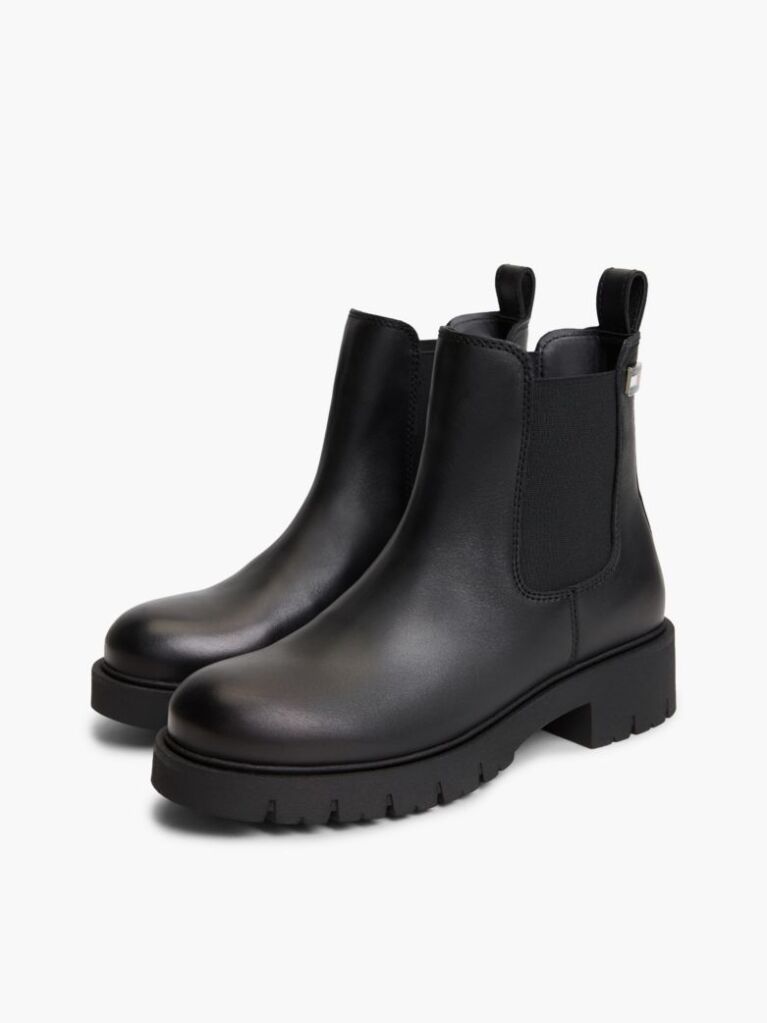 Black Leather Cleat Chelsea Boots  Women