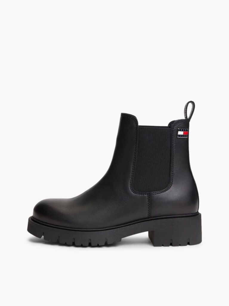 Black Leather Cleat Chelsea Boots  Women