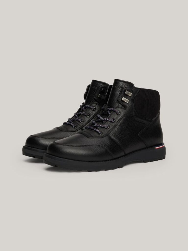 Black Warm Lined Leather Cleat Lace-Up Boots  Men