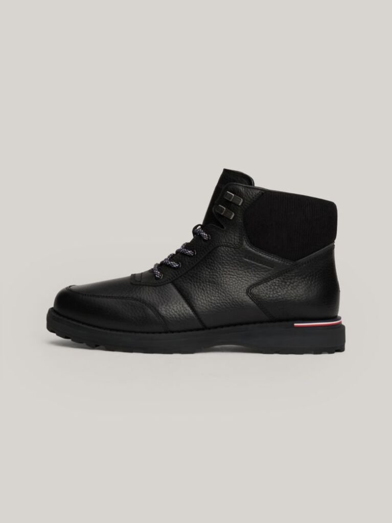 Black Warm Lined Leather Cleat Lace-Up Boots  Men