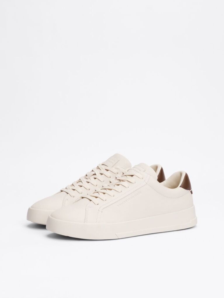 Beige Leather Textured Court Trainers  Men