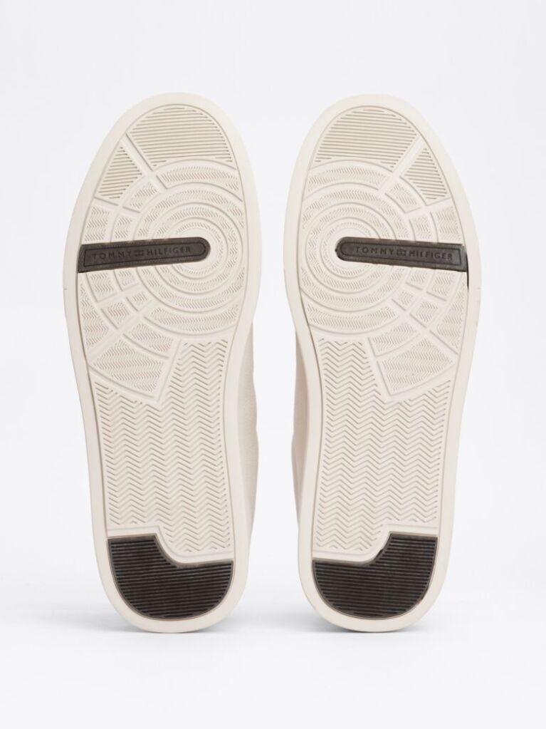 Beige Leather Textured Court Trainers  Men