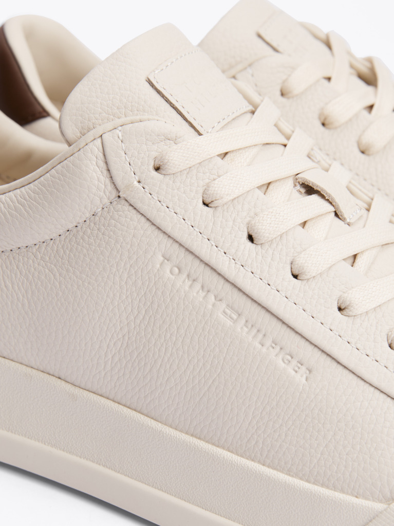 Beige Leather Textured Court Trainers  Men