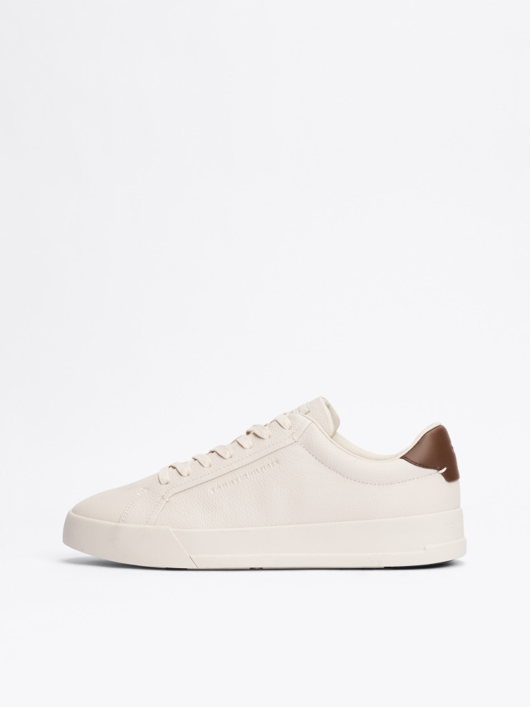 Beige Leather Textured Court Trainers  Men