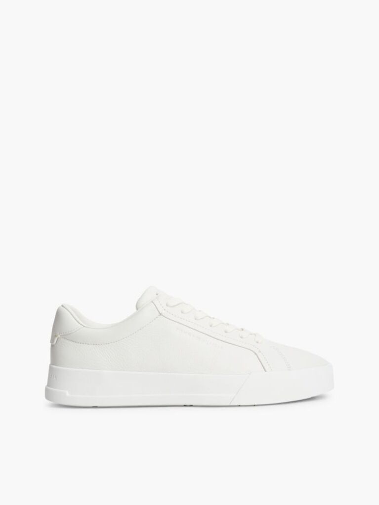 Beige Leather Textured Court Trainers  Men