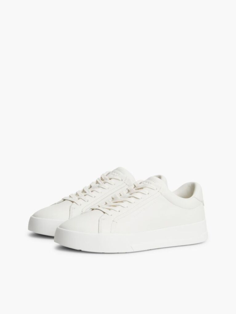 Beige Leather Textured Court Trainers  Men