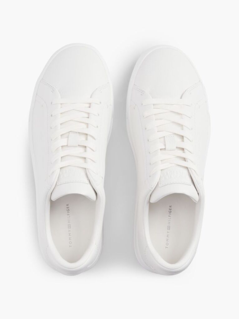 Beige Leather Textured Court Trainers  Men
