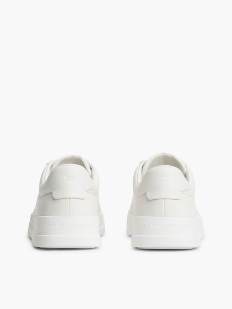 Beige Leather Textured Court Trainers  Men