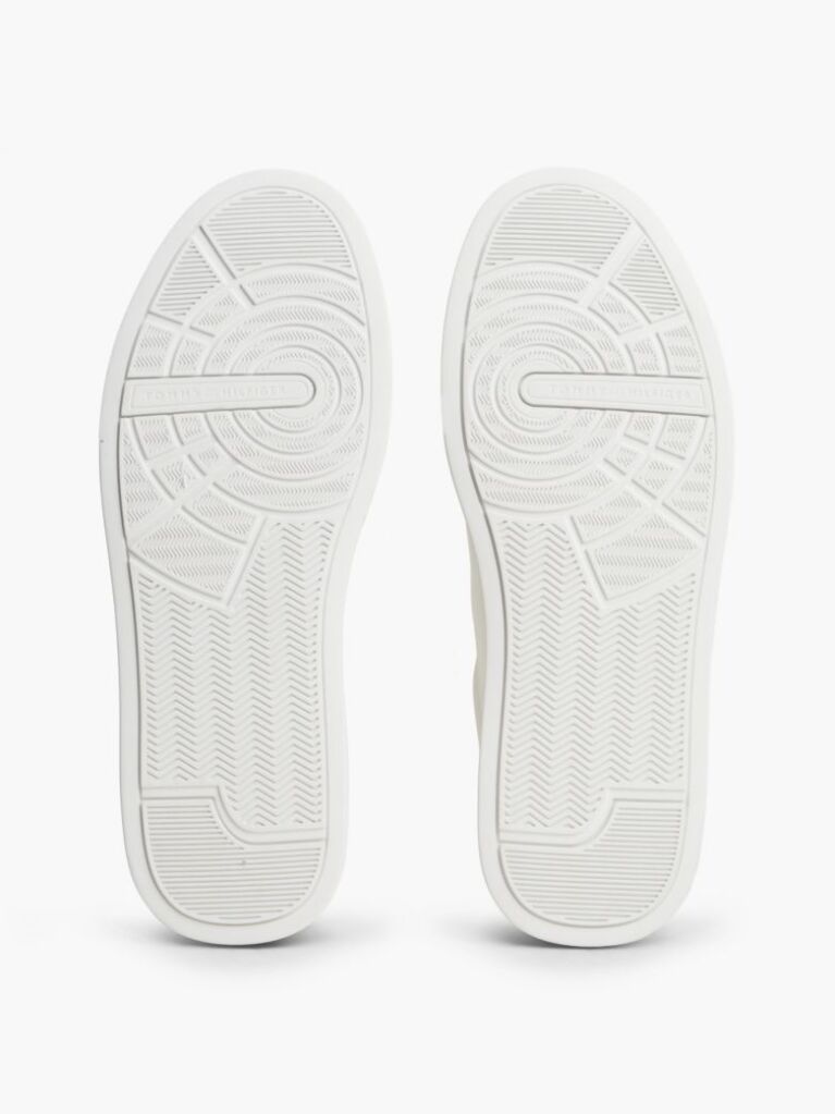 Beige Leather Textured Court Trainers  Men