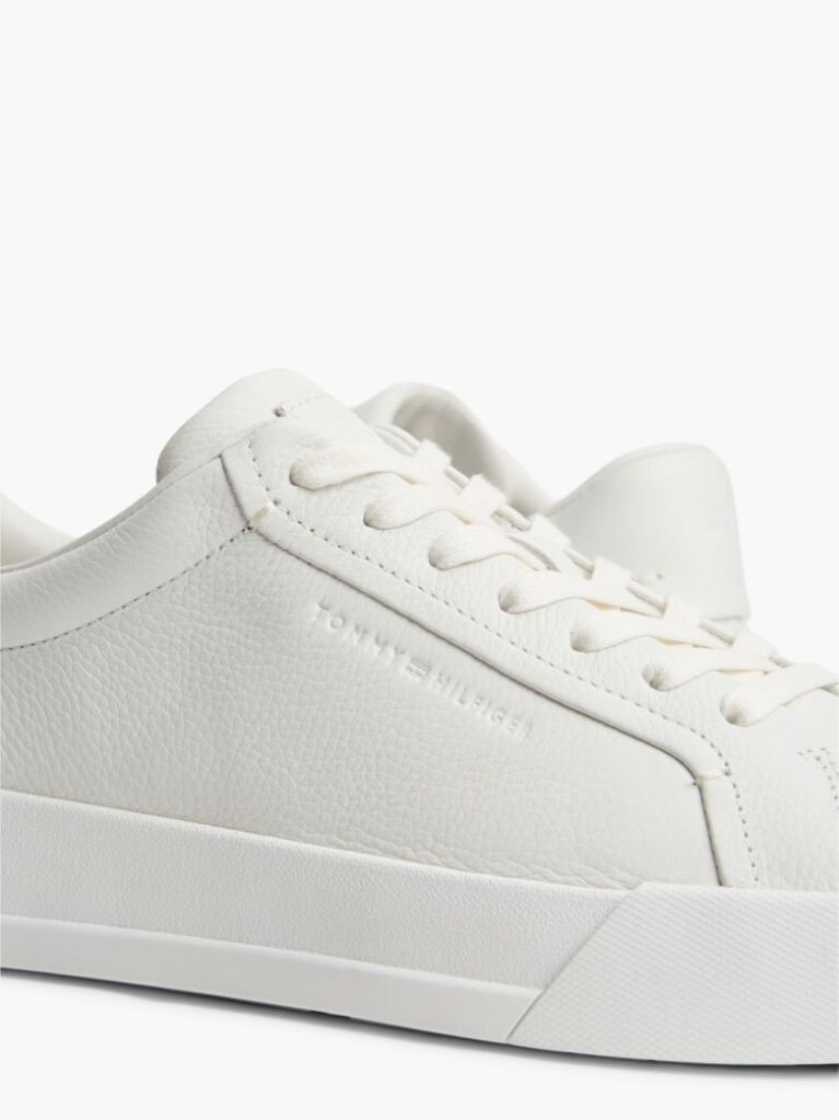 Beige Leather Textured Court Trainers  Men