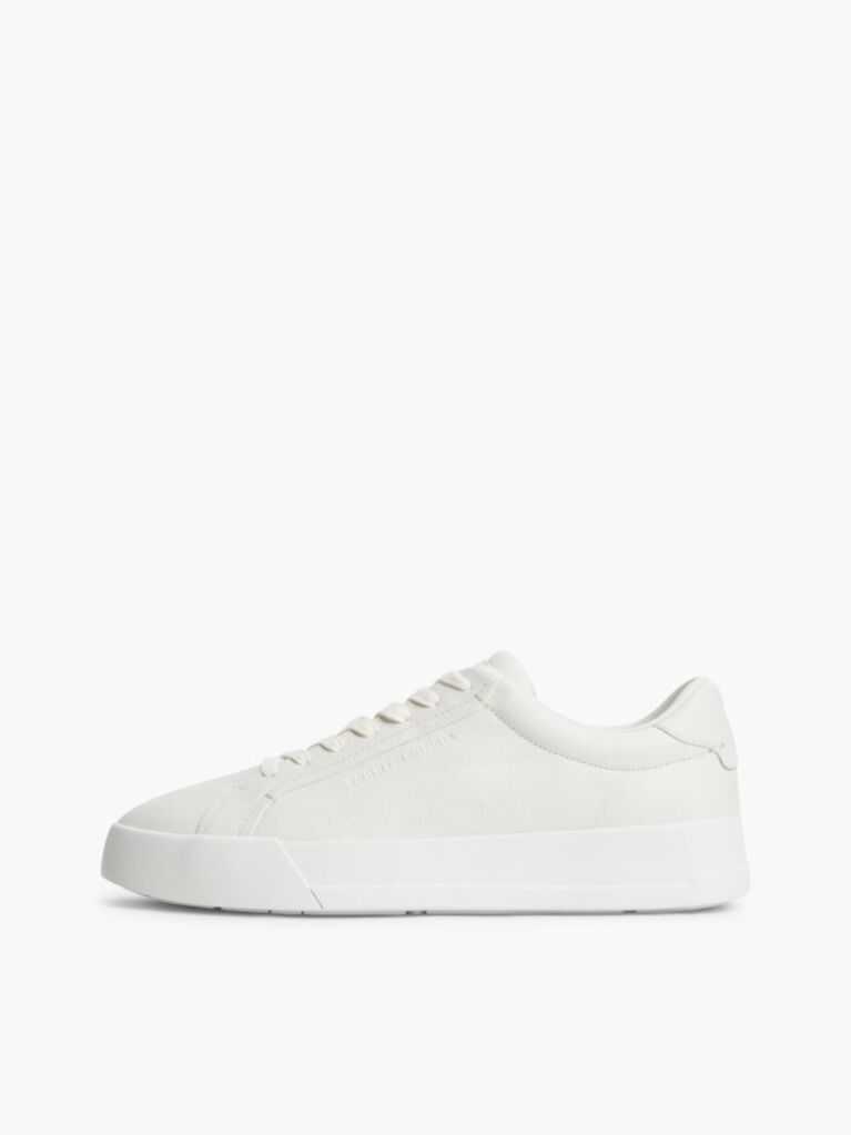 Beige Leather Textured Court Trainers  Men