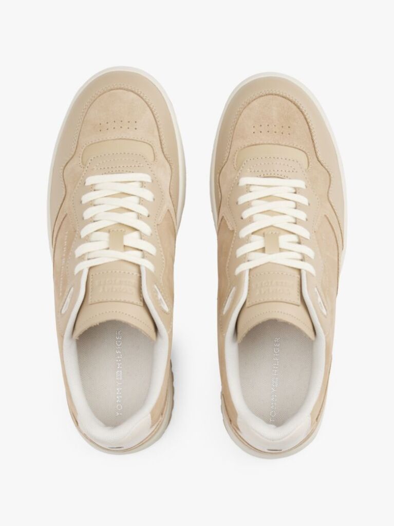 Beige Leather Mixed Texture Basketball Trainers  Men