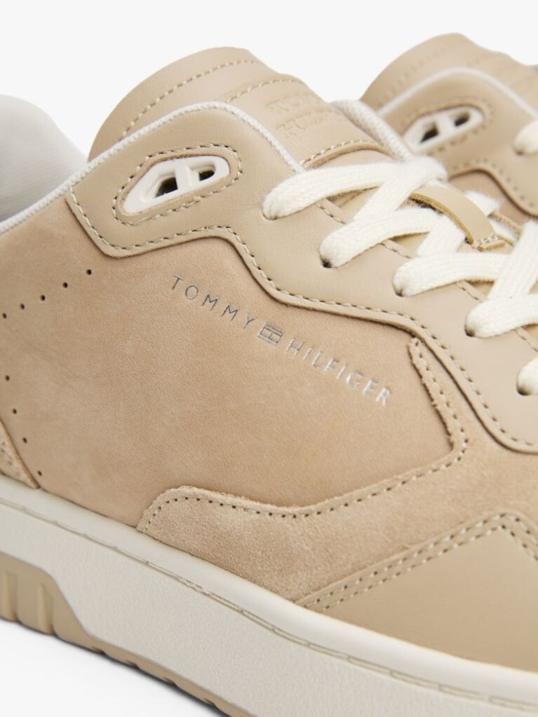 Beige Leather Mixed Texture Basketball Trainers  Men