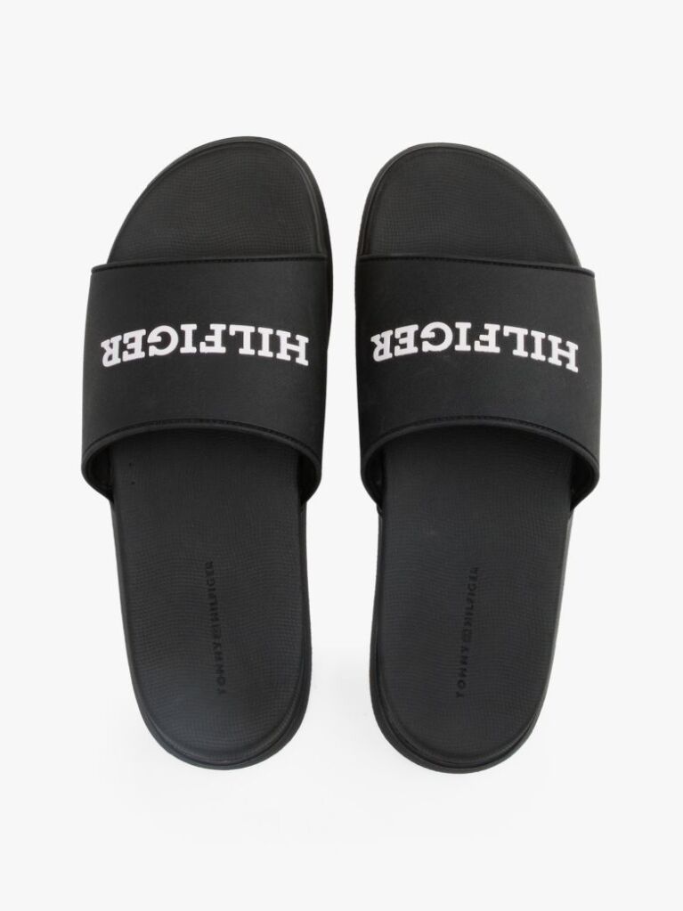 Black Textured Logo Pool Slides  Men